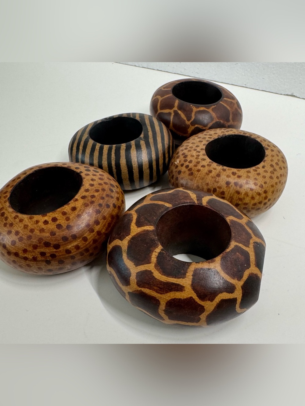 Vintage Hand Carved Mahogany Animal Print Wooden Napkin Rings- Set Of 5